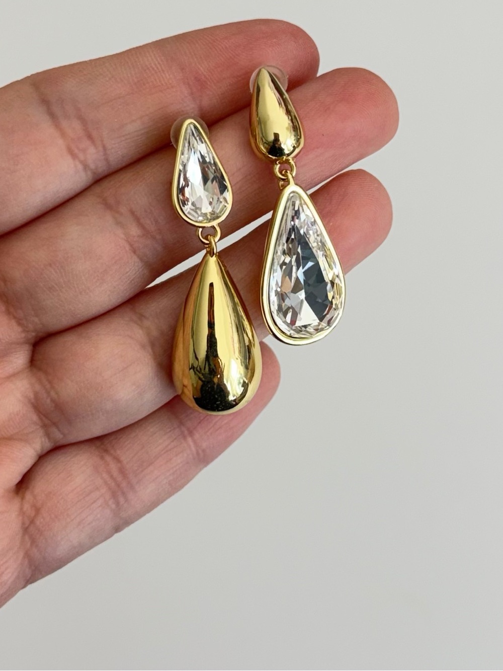 Gold & Crystal Teardrop Statement Earrings – Asymmetrical Drop Earrings - Picture 11 of 11